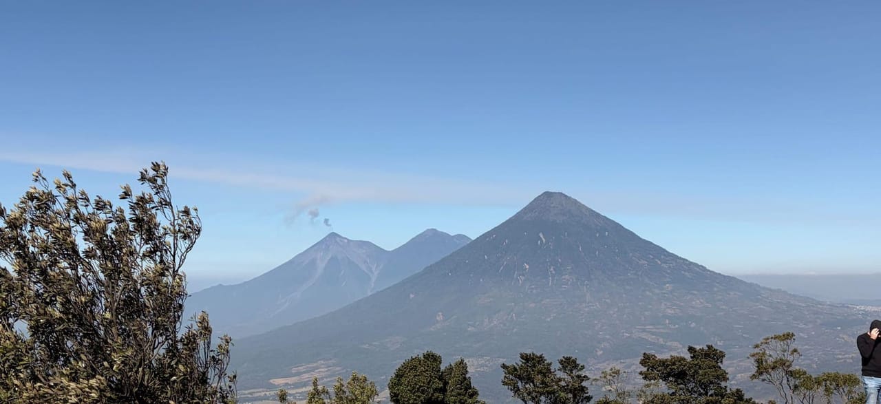 A wide view across treetops to a large cone-shaped volcano and two more distant volcanic peaks under a clear blue sky