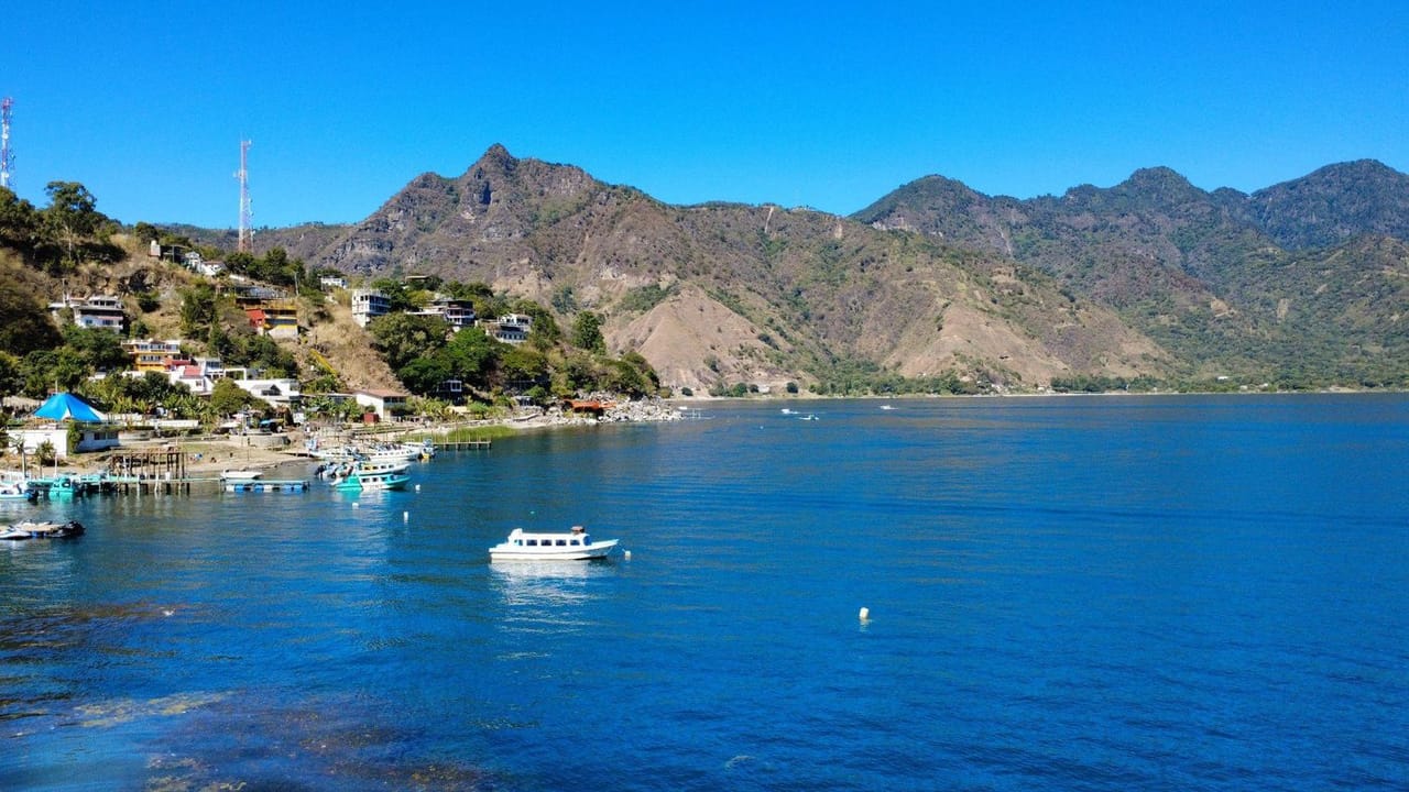 A view of Lake Atitlán and its volcanoes from San Pedro La Laguna
