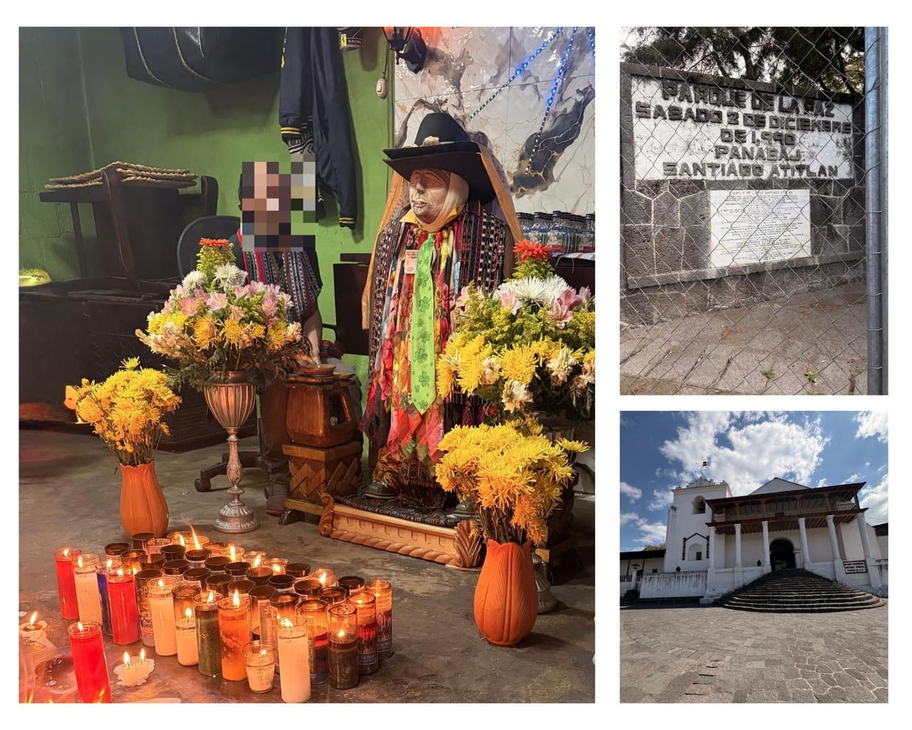 Collage of a Maximón shrine with flowers and candles, the Parque de la Paz memorial plaque behind a fence, and the white colonial church in Santiago Atitlán, Guatemala
